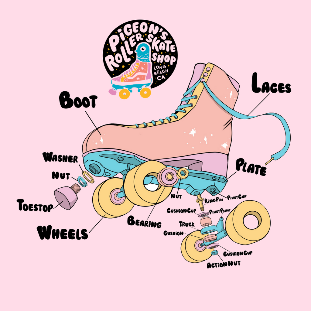 Roller Skate Anatomy - Learn about the plates, trucks, king pins, cushions, bearings, toe stops and more!