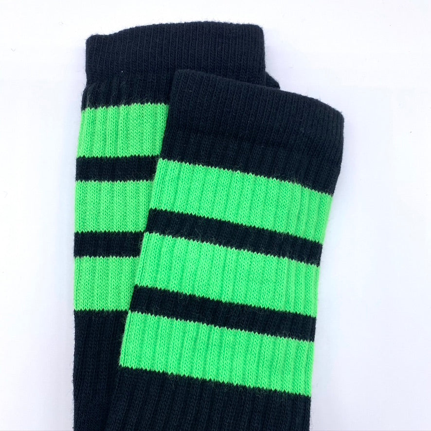 Skater Socks Knee Length - BLACK W/ NEON GREEN STRIPES - Pigeon's Roller Skate Shop
