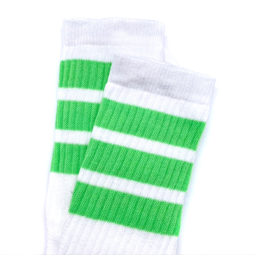 Skater Socks Knee Length - WHITE W/ NEON GREEN STRIPES - Pigeon's Roller Skate Shop
