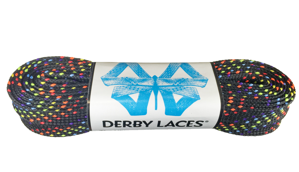 Waxed Derby Laces - RAINBOW/BLACK 96" - Pigeon's Roller Skate Shop