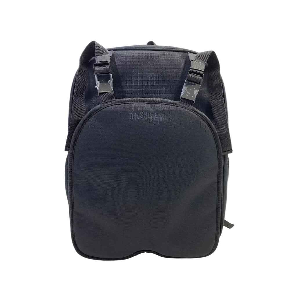 black backpack that holds skates on the outside with clips