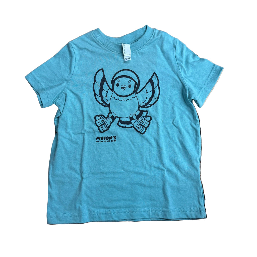 Blue t-shirt with a graphic design on a wooden surface