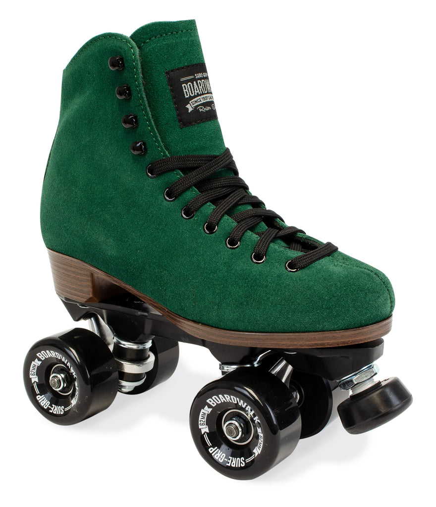 Green suede roller skate with black wheels on white background