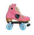 A pair of pink Moxi Lolly roller skates with white laces and blue wheels, featuring Barbie branding on the ankle support.