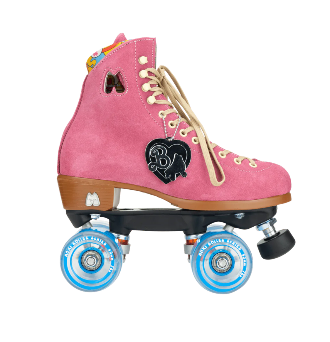 A pair of pink Moxi Lolly roller skates with white laces and blue wheels, featuring Barbie branding on the ankle support.