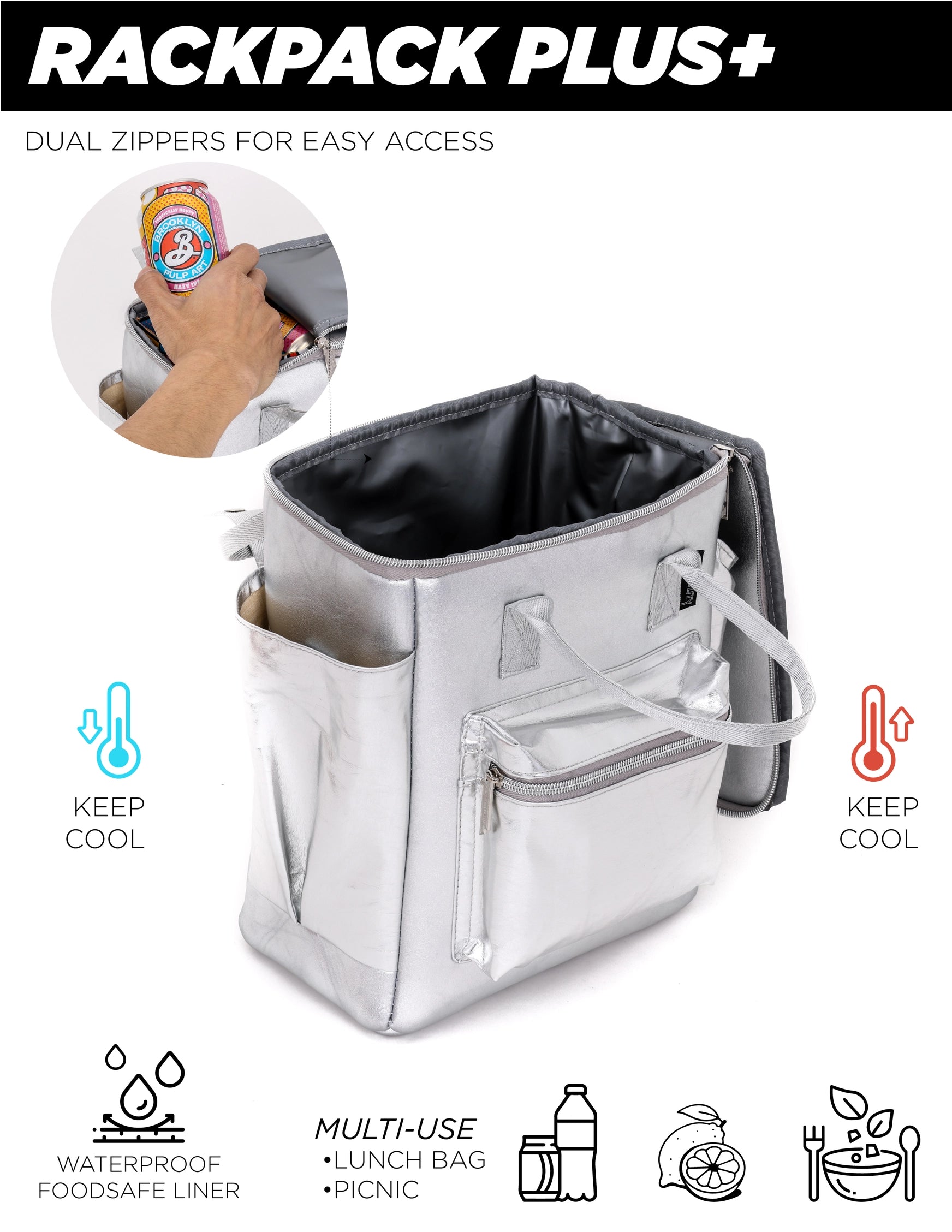 Cooler Backpack | 12 Can Beach Bag Silver - Pigeon's Roller Skate Shop