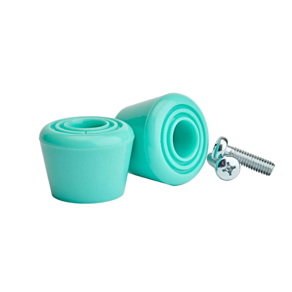 Two turquoise wheel axles with a screw on a white background