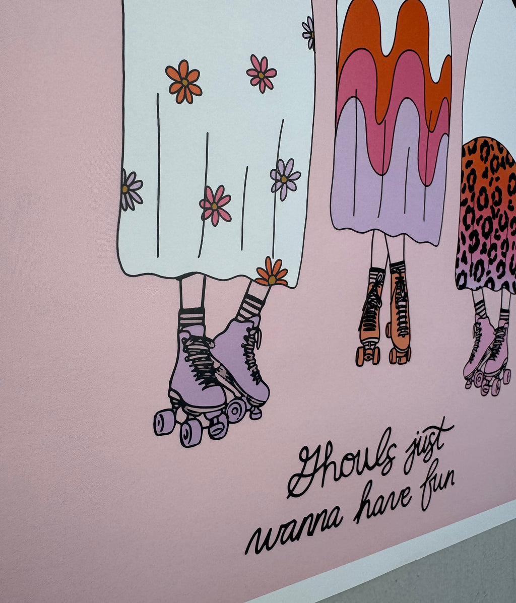 Cartoon illustration of a person with roller skates and a dress on a pink background with text.