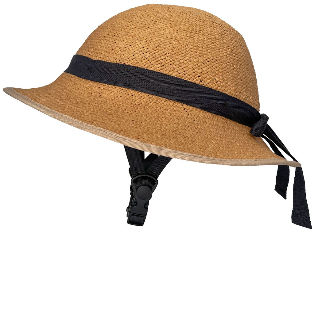 Brown straw hat with a black band on a white background