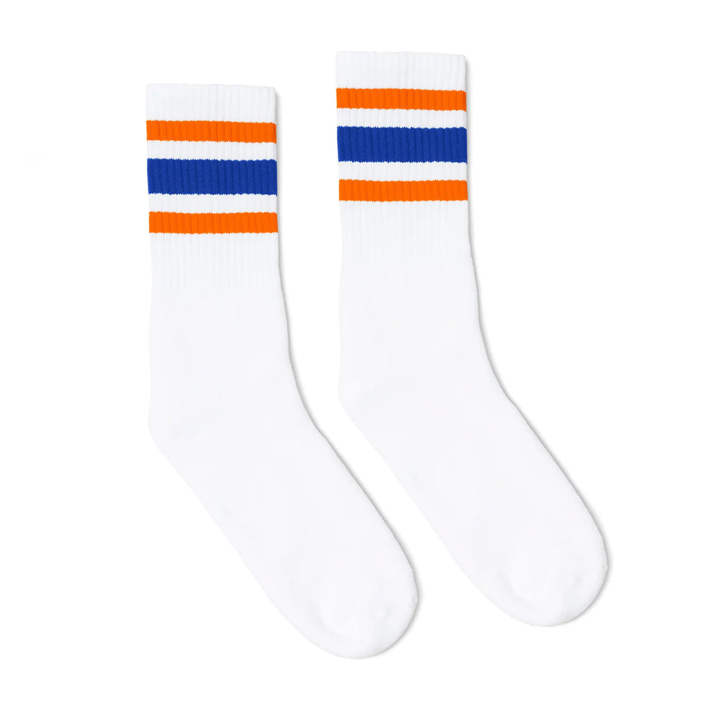 SOCCO Crew Length Socks - WHITE W/ ORANGE AND BLUE STRIPES - Pigeon's Roller Skate Shop