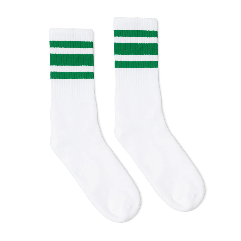 SOCCO Crew Length Socks - WHITE W/ GREEN STRIPES - Pigeon's Roller Skate Shop