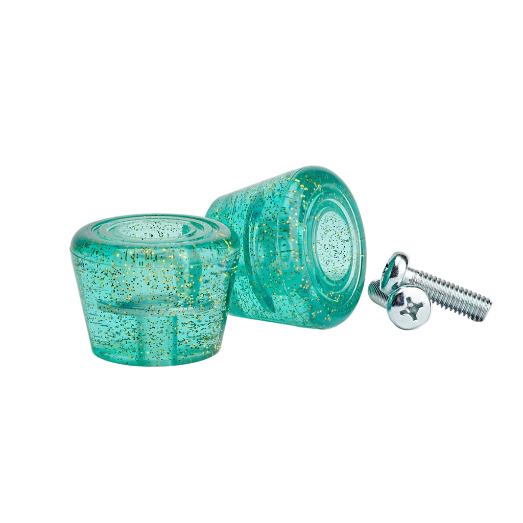 Turquoise glittery earbud cases with a silver charging cable on a white background