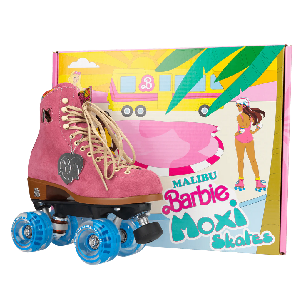 pink roller skate with blue wheels in front of pink skate box