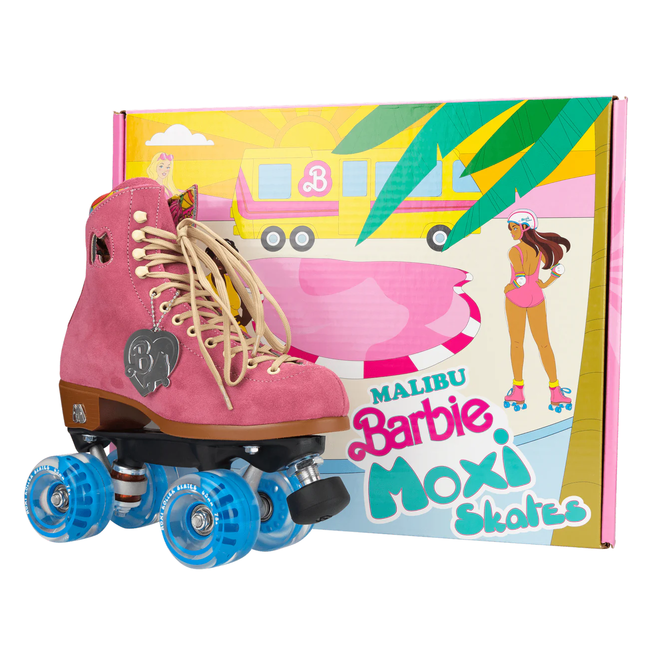 pink roller skate with blue wheels in front of pink skate box