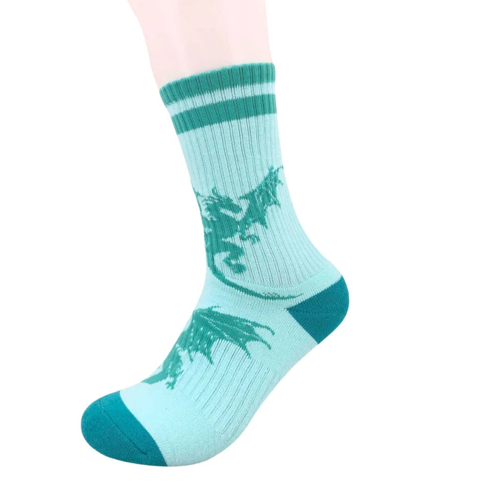 Teal sock with dragon design on a white background
