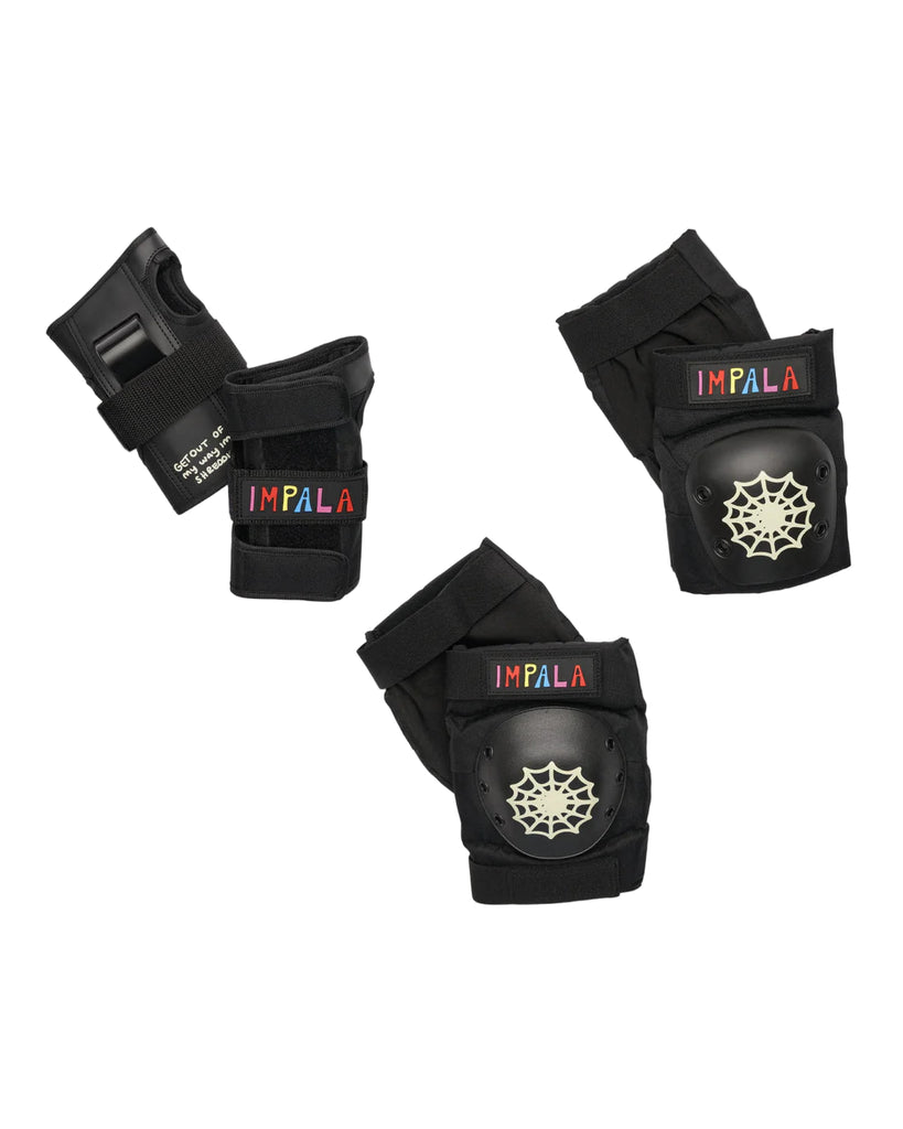 Set of black protective pads with 'Impala' branding on a white background