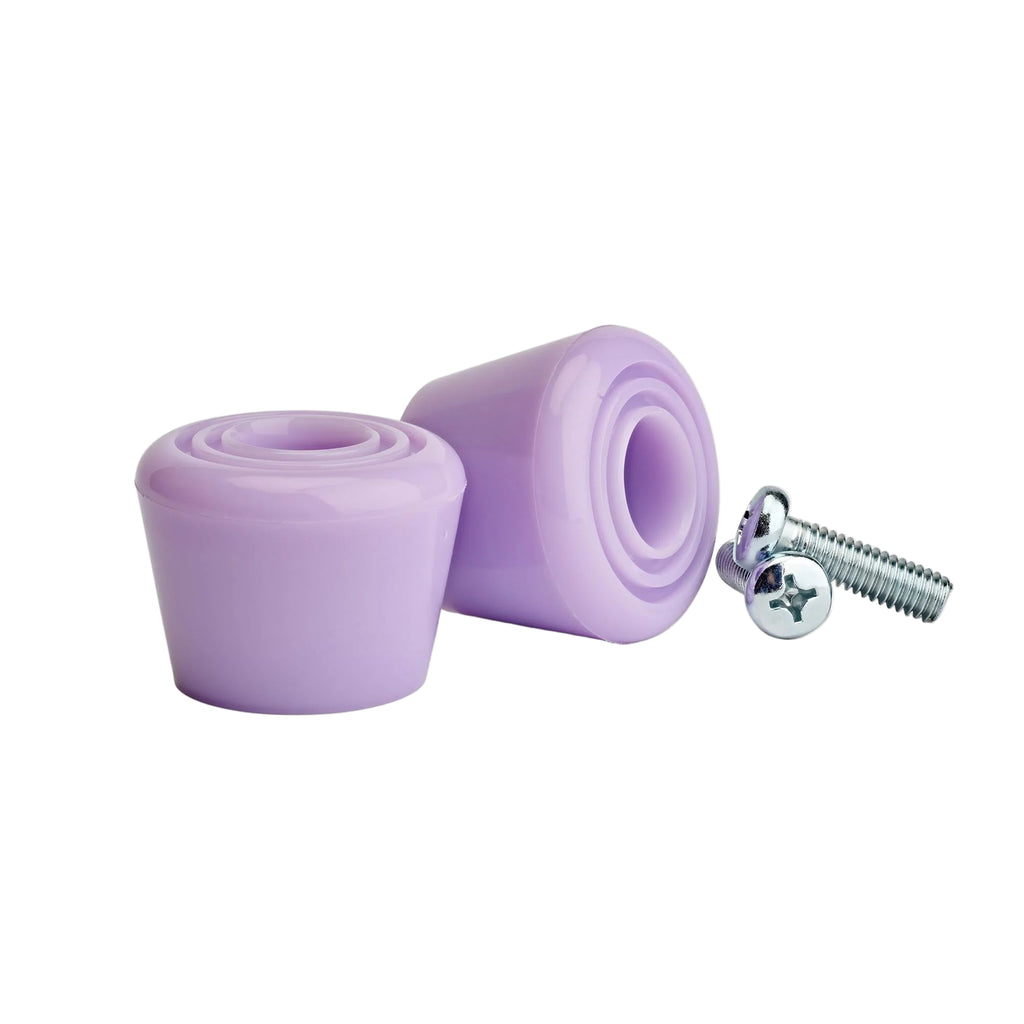 Two purple toe stops with a screw on a white background