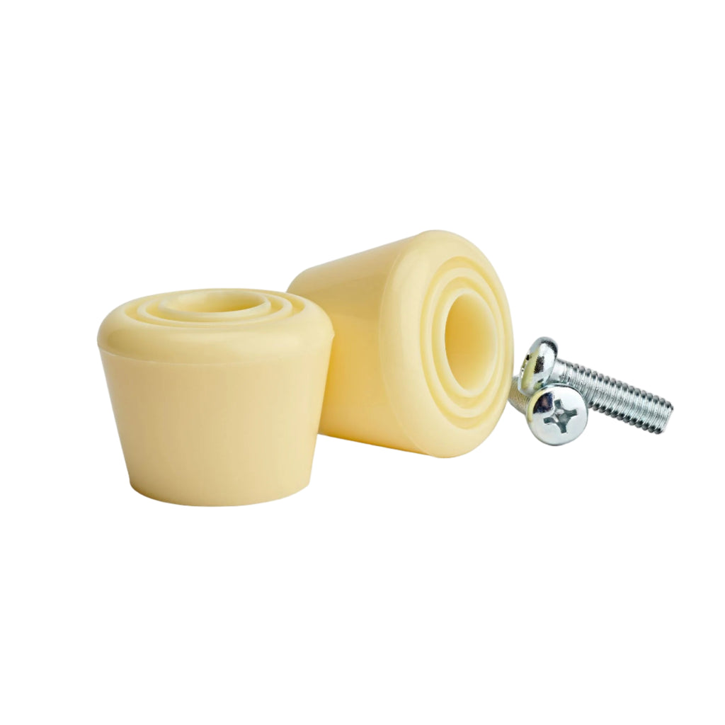 Two beige rubber bushings with a metal screw on a white background