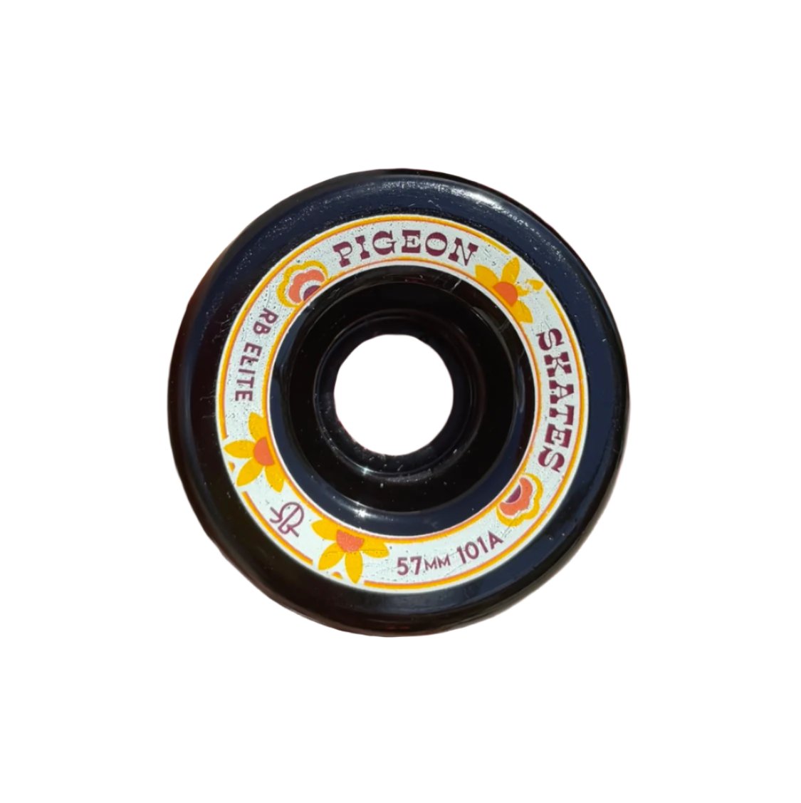 Black wheels with orange flower decals and the words "pigeon skates"