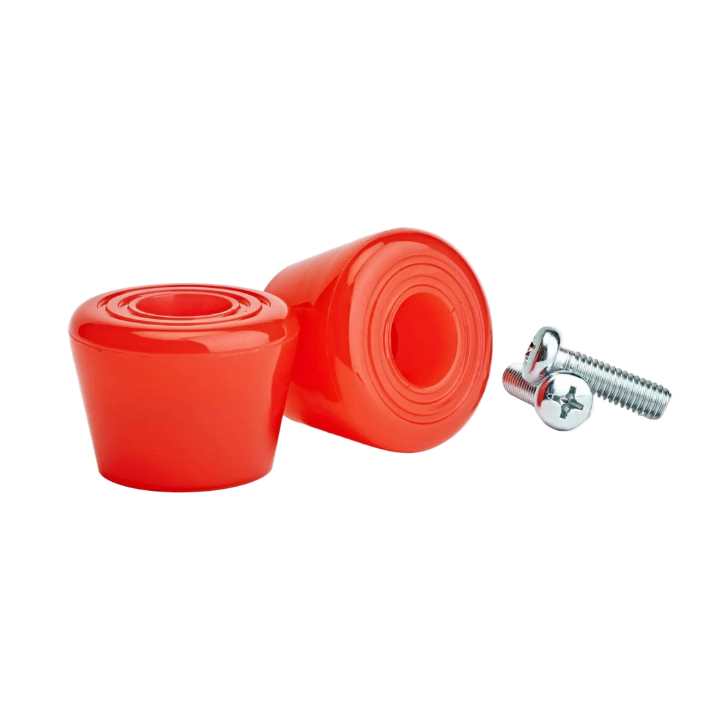 Two red plastic caps and a silver screw on a light gray background