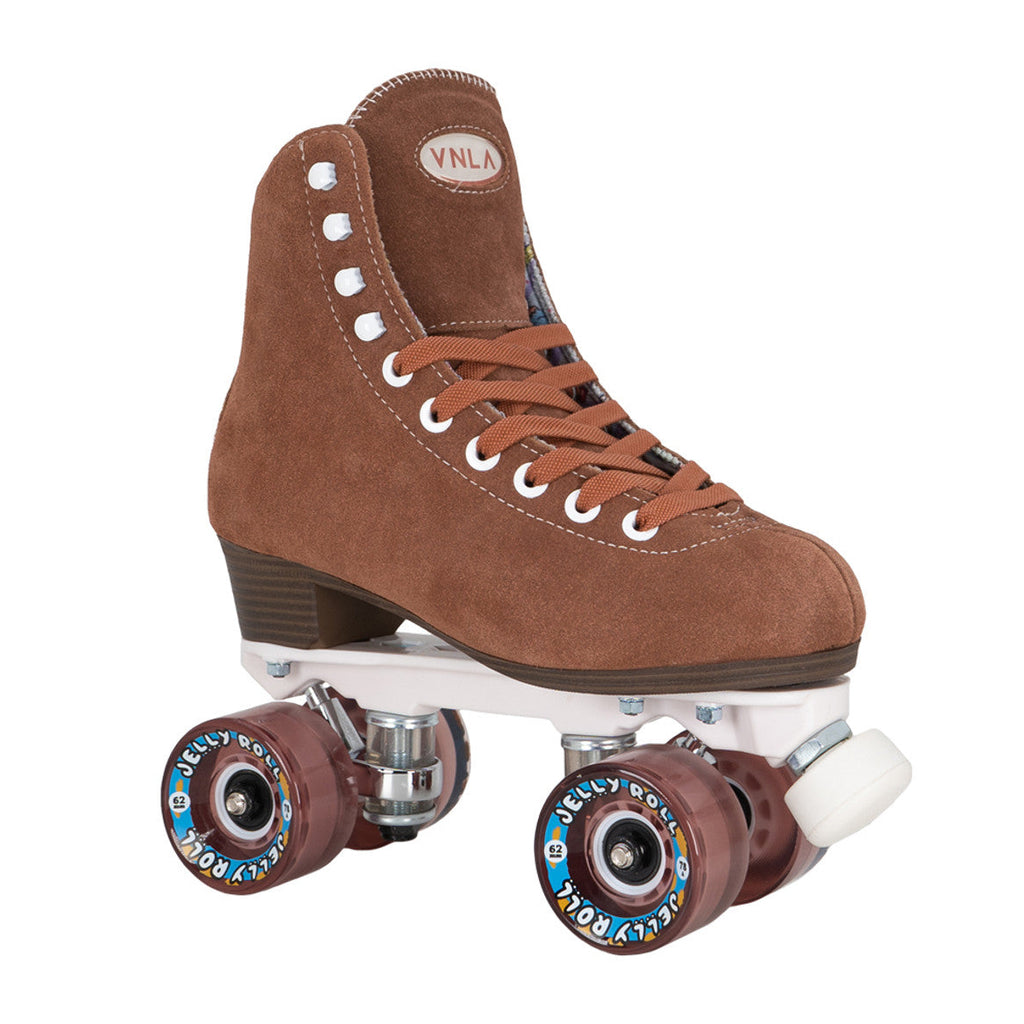 Brown roller skate with white laces on a white background