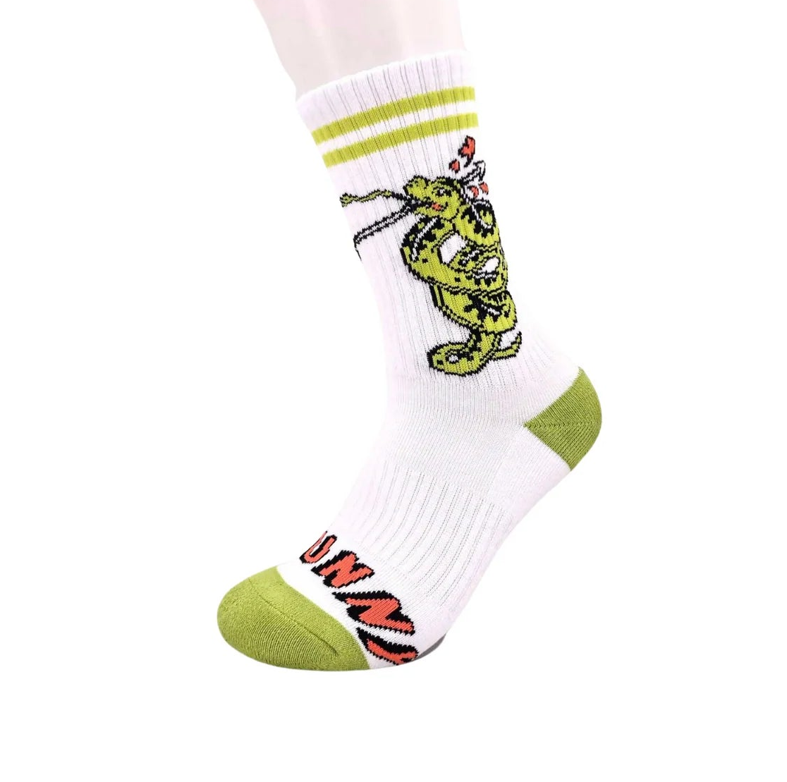 White sock with green accents and a graphic design on a white background