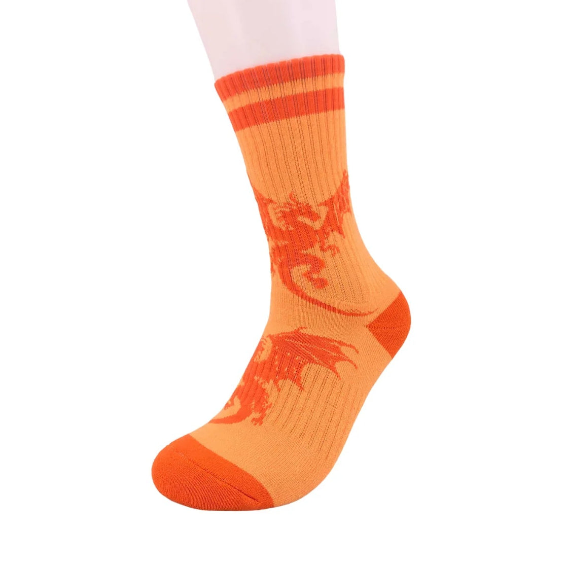 Orange sock with white top and red band on a white background