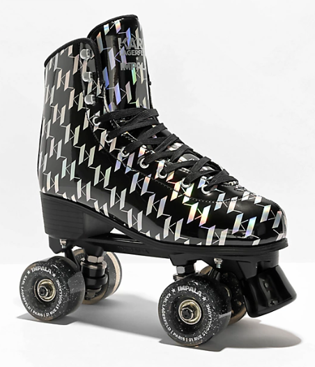 black roller skate with solver pattern on white background