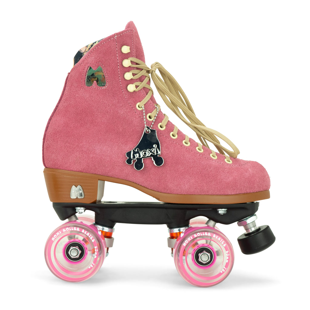 Pink roller skate with brown accents on a white background