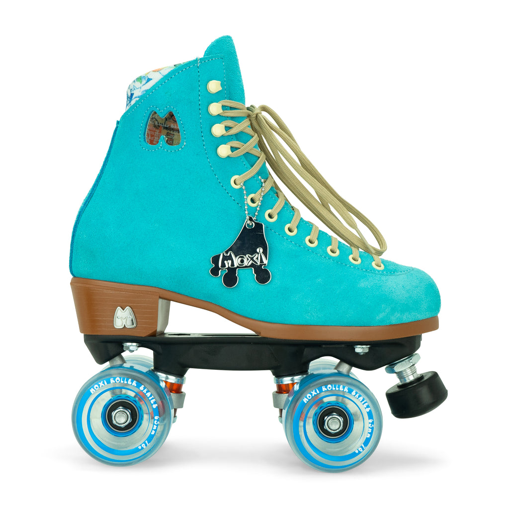 Aqua blue roller skate boot with blue wheels