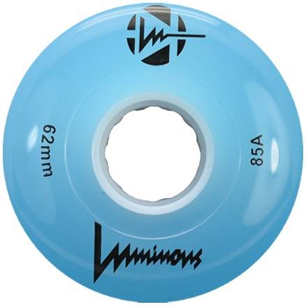 Blue Luminous wheel! Lights up when you skate, great for outdoors but can also be used inside.  Keeps you visible and safe during late night skates!  85A durometer, 62mm diameter.  Sold as singles, mix and match or build a set of 8!