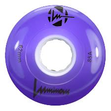 Purple Luminous Wheel! Lights up when you skate, great for outdoors but can also be used inside.  Keeps you visible and safe during late night skates!  85A durometer, 62mm diameter.  Sold as singles, mix and match or build a set of 8!