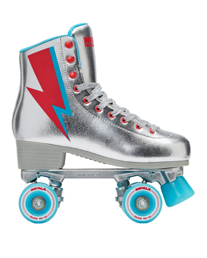 silver roller skate with light blue wheels