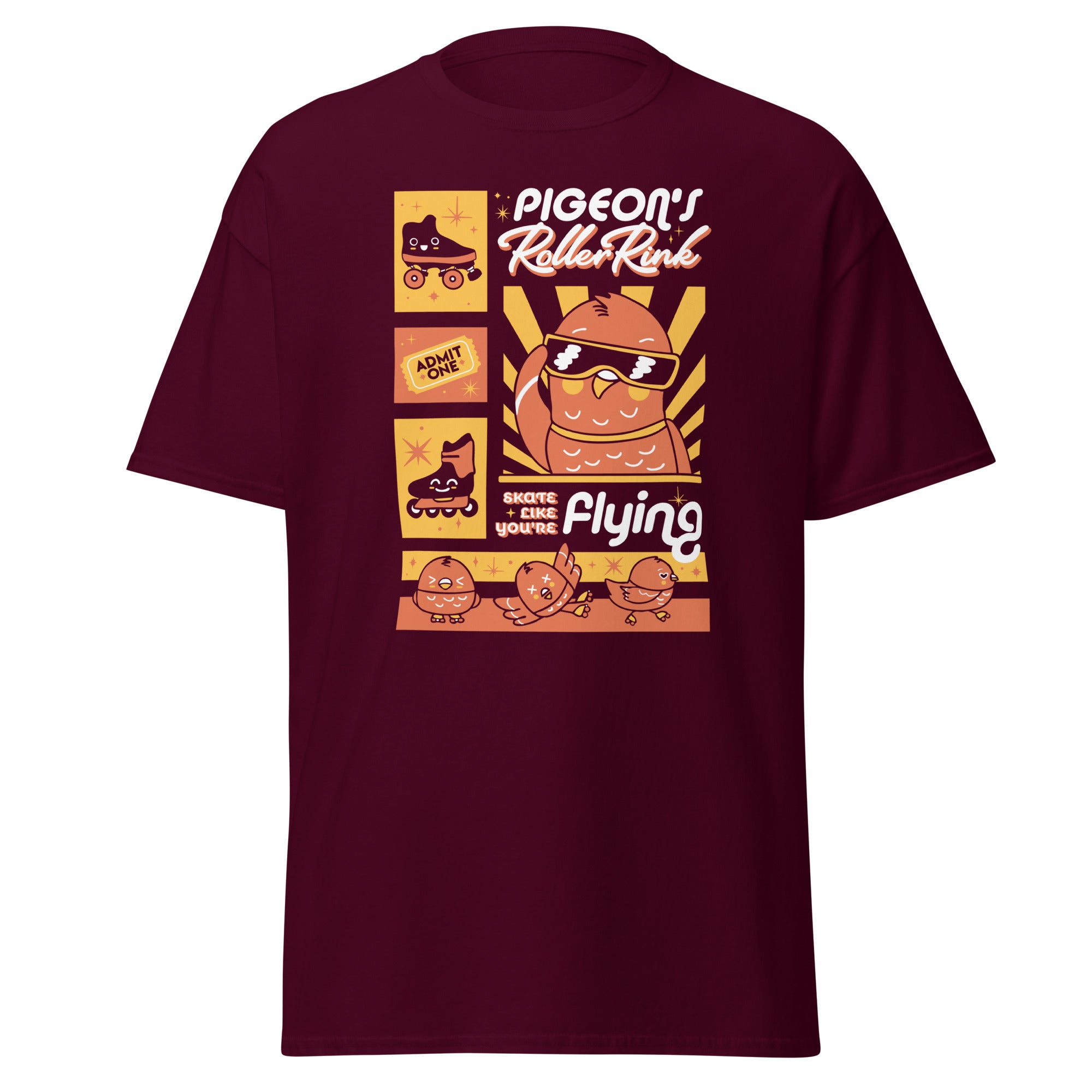 Maroon shirt with orange yellow pigeon kawaii print 