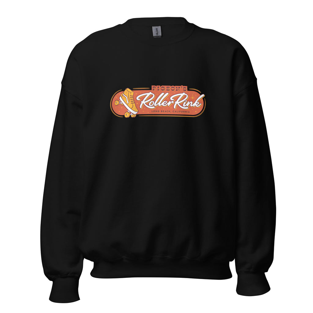 black crew neck with rink logo in or