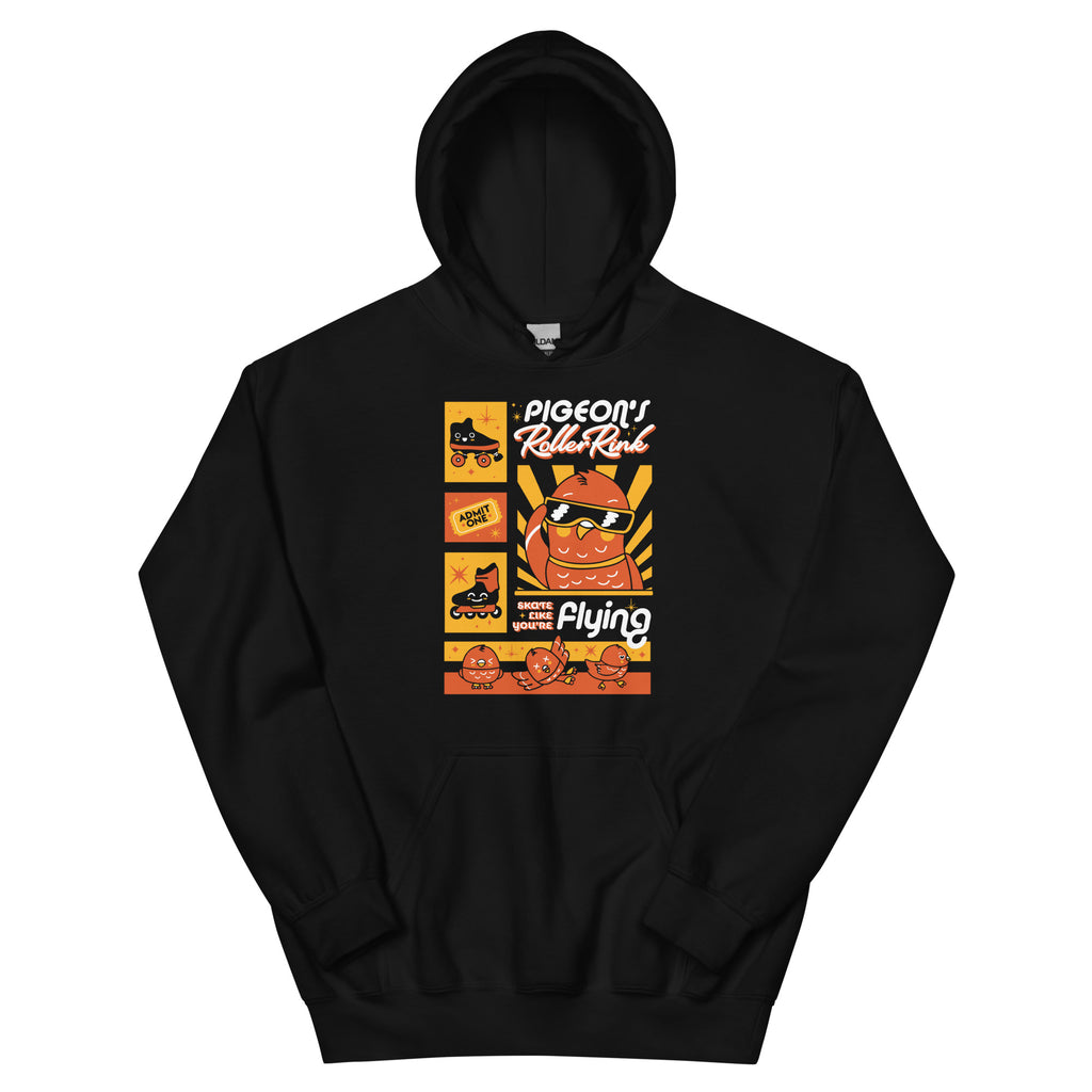 Black hoodie with Pigeon kawaii print in orange and yellow