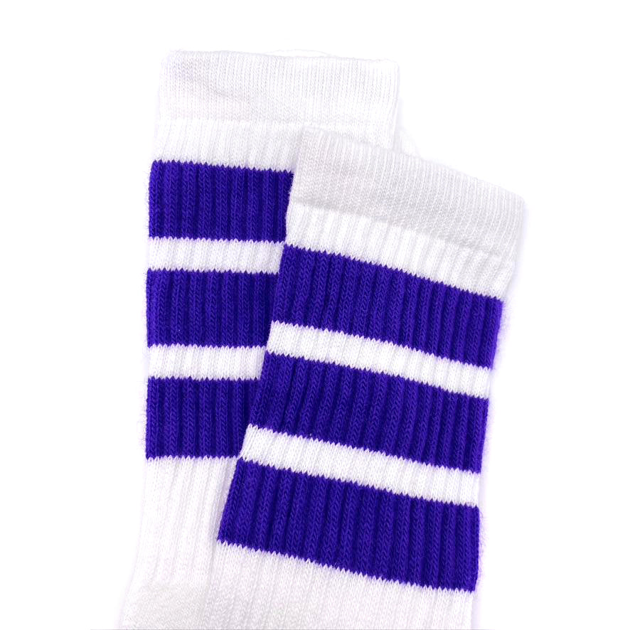 Crew Length Skatersocks - WHITE W/ PURPLE STRIPES - Pigeon's Roller Skate Shop