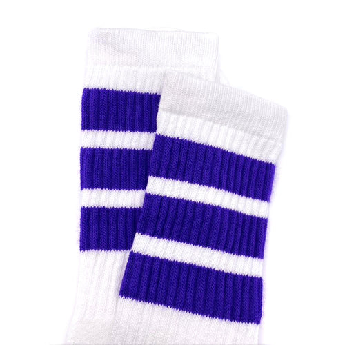 Crew Length Skatersocks - WHITE W/ PURPLE STRIPES - Pigeon's Roller Skate Shop