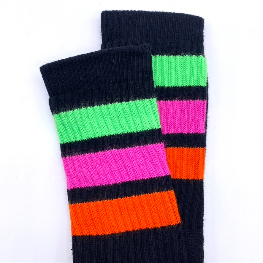 Skater Socks Knee Length - BLACK W/ NEON GREEN, HOT PINK, AND ORANGE STRIPES - Pigeon's Roller Skate Shop