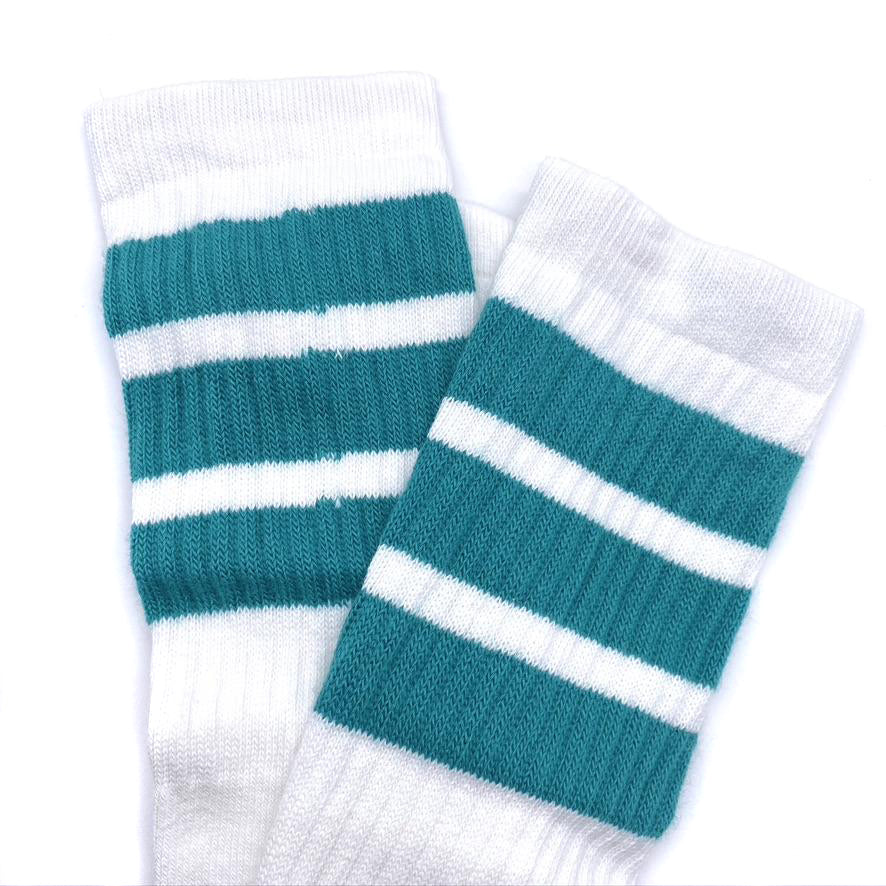 Crew Length Skatersocks - WHITE W/ TEAL STRIPES - Pigeon's Roller Skate Shop