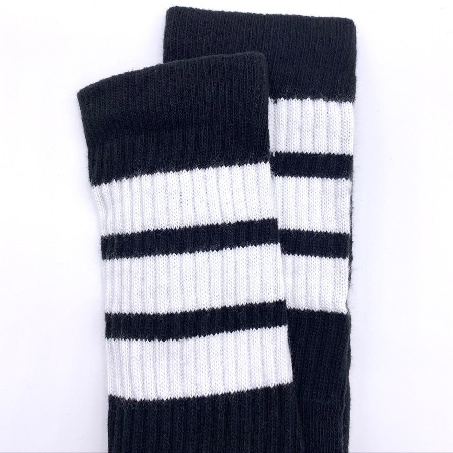 Skater Socks Knee Length - BLACK W/ WHITE STRIPES - Pigeon's Roller Skate Shop