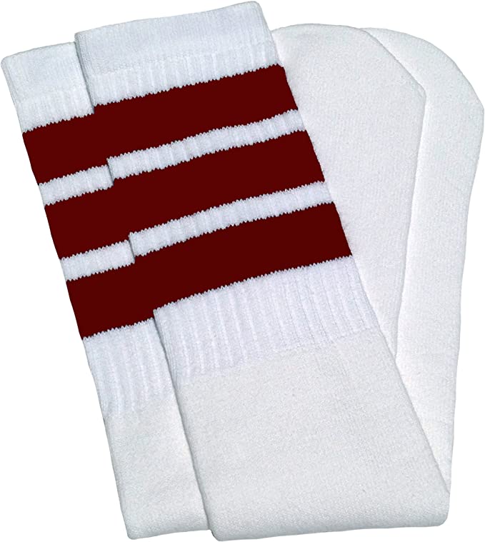 Skater Socks Knee Length - WHITE W/ MAROON STRIPES - Pigeon's Roller Skate Shop
