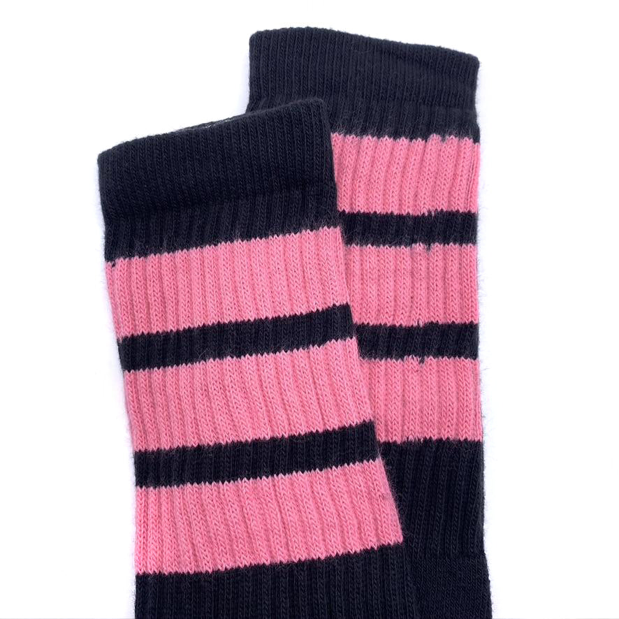 Skater Socks Knee Length - BLACK W/ BUBBLEGUM PINK STRIPES - Pigeon's Roller Skate Shop