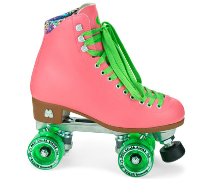 Pink rollerskate with green wheels
