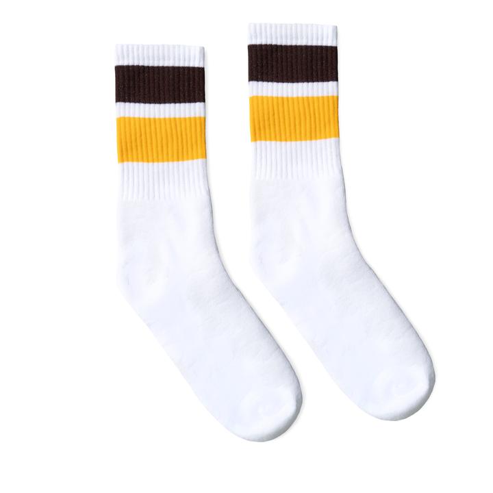 SOCCO Crew Length Socks - WHITE W/ BROWN AND GOLD (2 STRIPES) - Pigeon's Roller Skate Shop