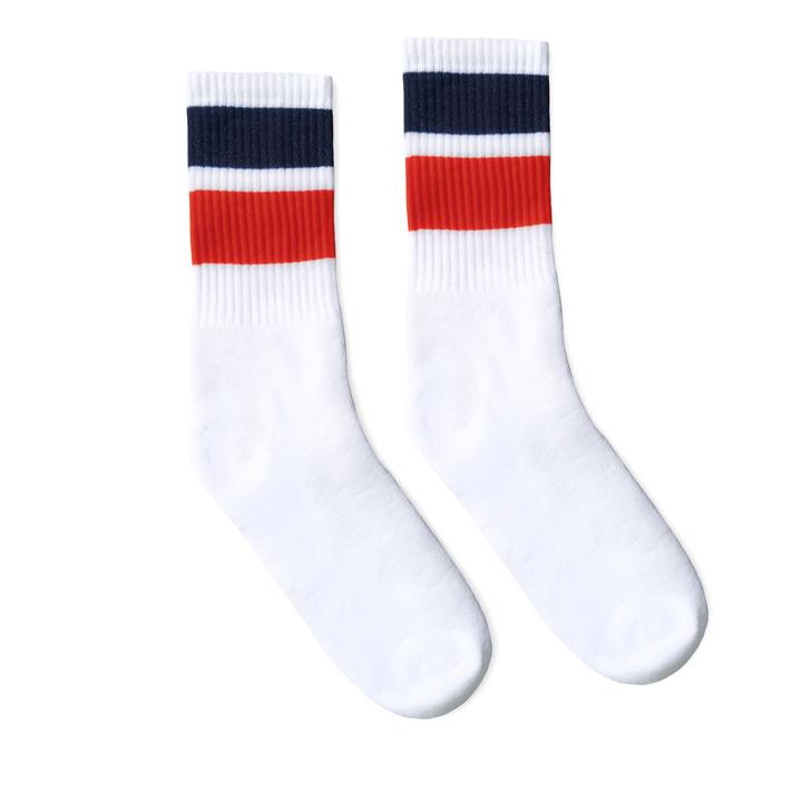 SOCCO Crew Length Socks - WHITE W/ NAVY AND RED (2 STRIPES) - Pigeon's Roller Skate Shop