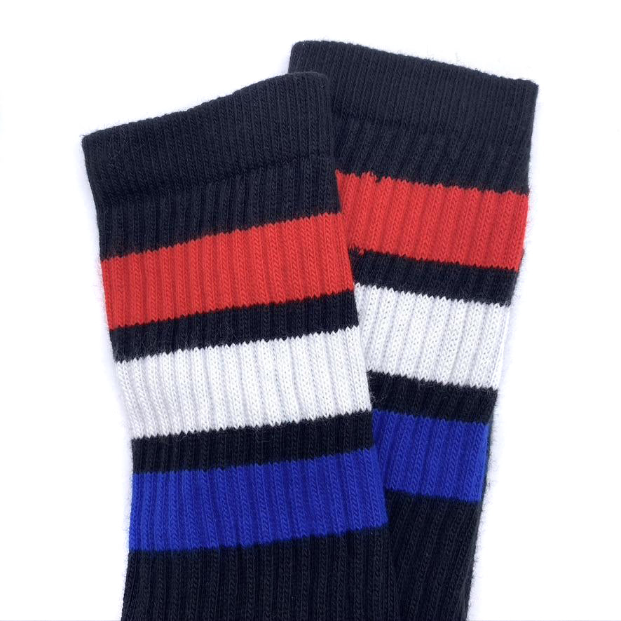 Skater Socks Knee Length - BLACK W/ RED, WHITE, AND ROYAL BLUE STRIPES - Pigeon's Roller Skate Shop