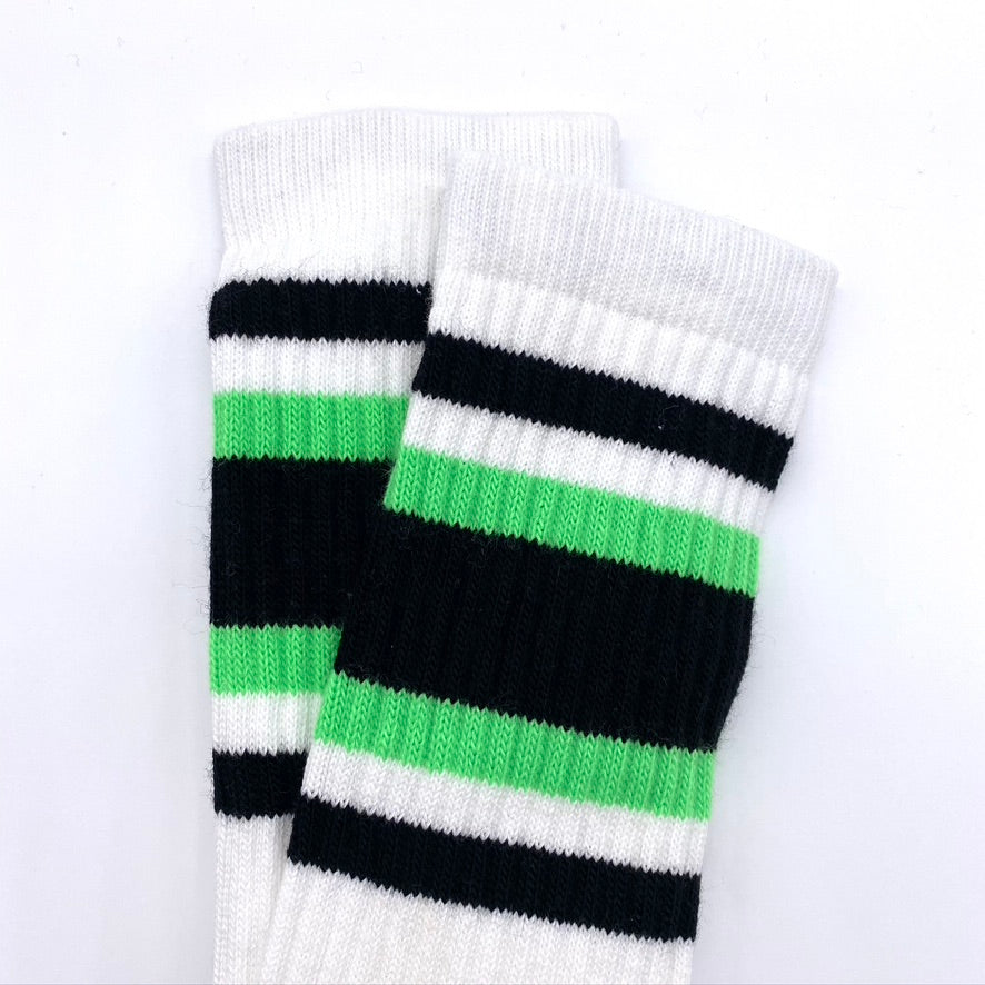Skater Socks Knee Length - WHITE W/ NEON GREEN AND BLACK STRIPES - Pigeon's Roller Skate Shop