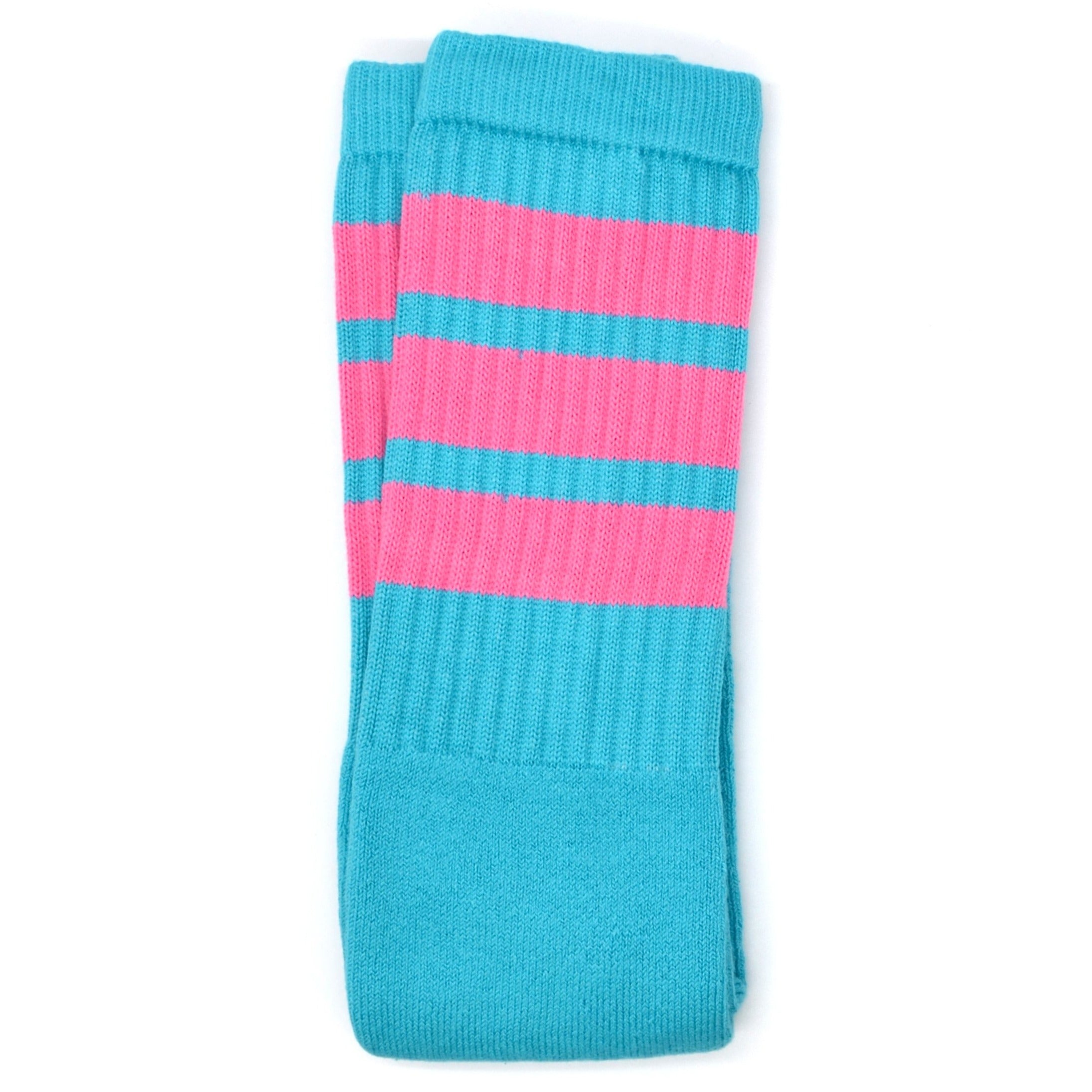 Skater Socks Knee Length - AQUA WITH BUBBLEGUM PINK STRIPES - Pigeon's Roller Skate Shop