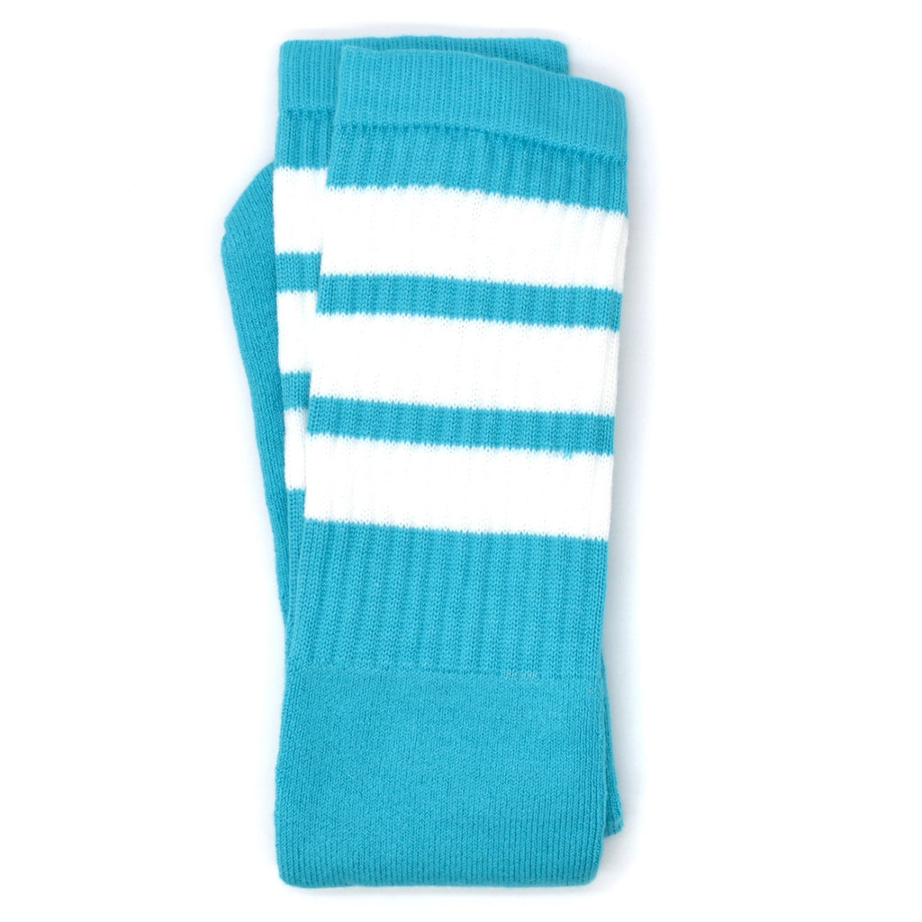 Skater Socks Knee Length - AQUA WITH WHITE STRIPES - Pigeon's Roller Skate Shop